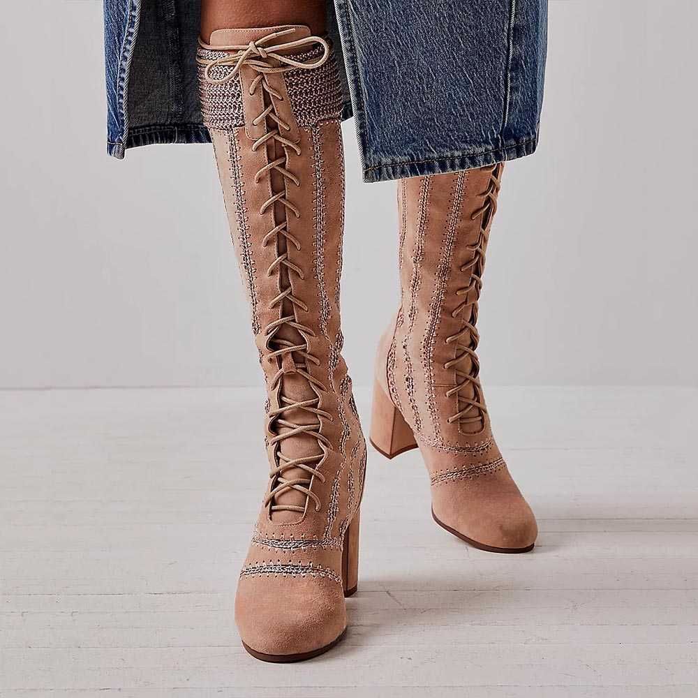 Tan Lace Up Stitching Round Toe Block Heel Knee High Boots with Zipper