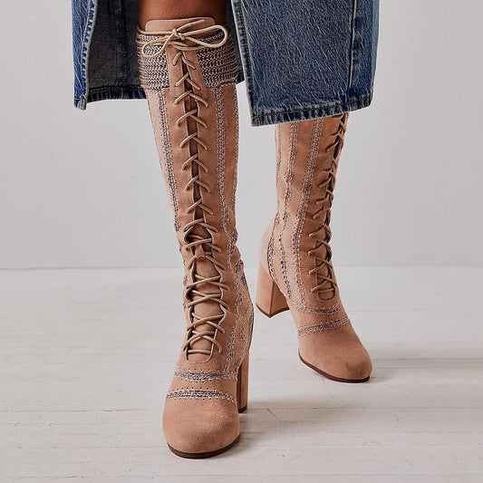 Tan Lace Up Stitching Round Toe Block Heel Knee High Boots with Zipper