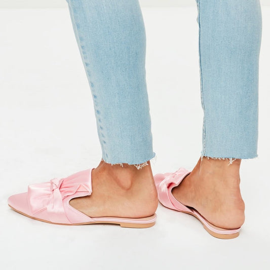 Pink Satin Bowknot Pointed Toe Flat Slip-On Mule Loafers for Women