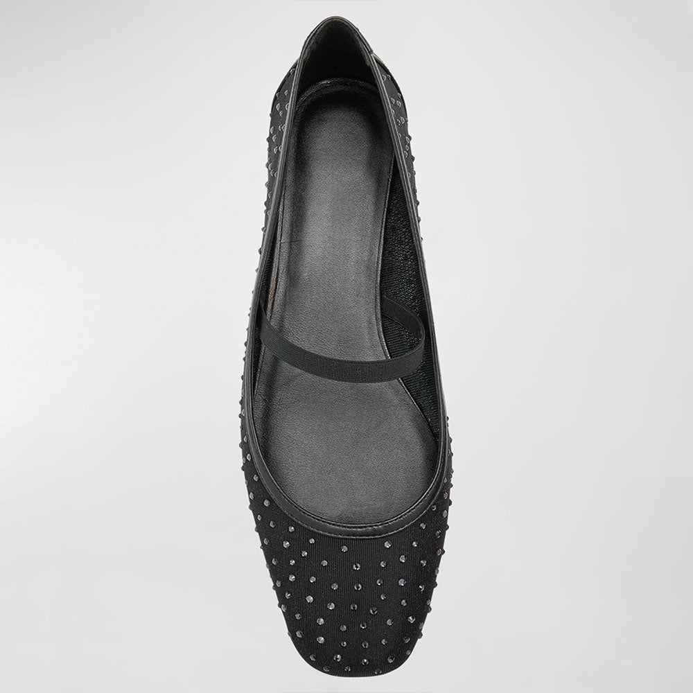 Elegant Crystal Embellished Mesh Round Toe Ballet Flats in Black
