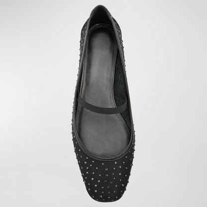 Elegant Crystal Embellished Mesh Round Toe Ballet Flats in Black