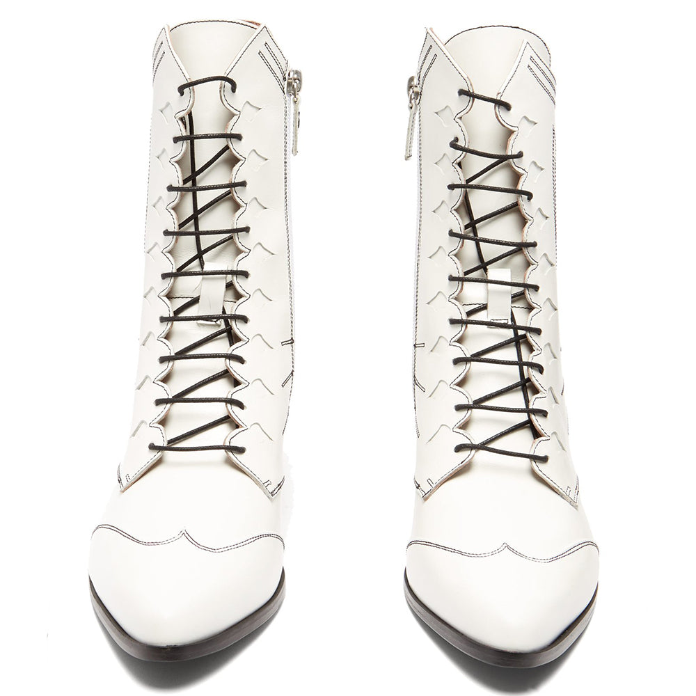 Women's White Chunky Heel Stitching Detail Lace Up Ankle Boots