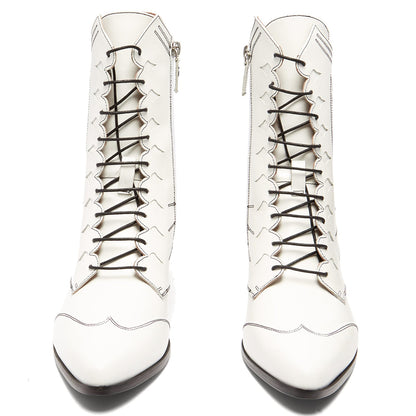 Women's White Chunky Heel Stitching Detail Lace Up Ankle Boots