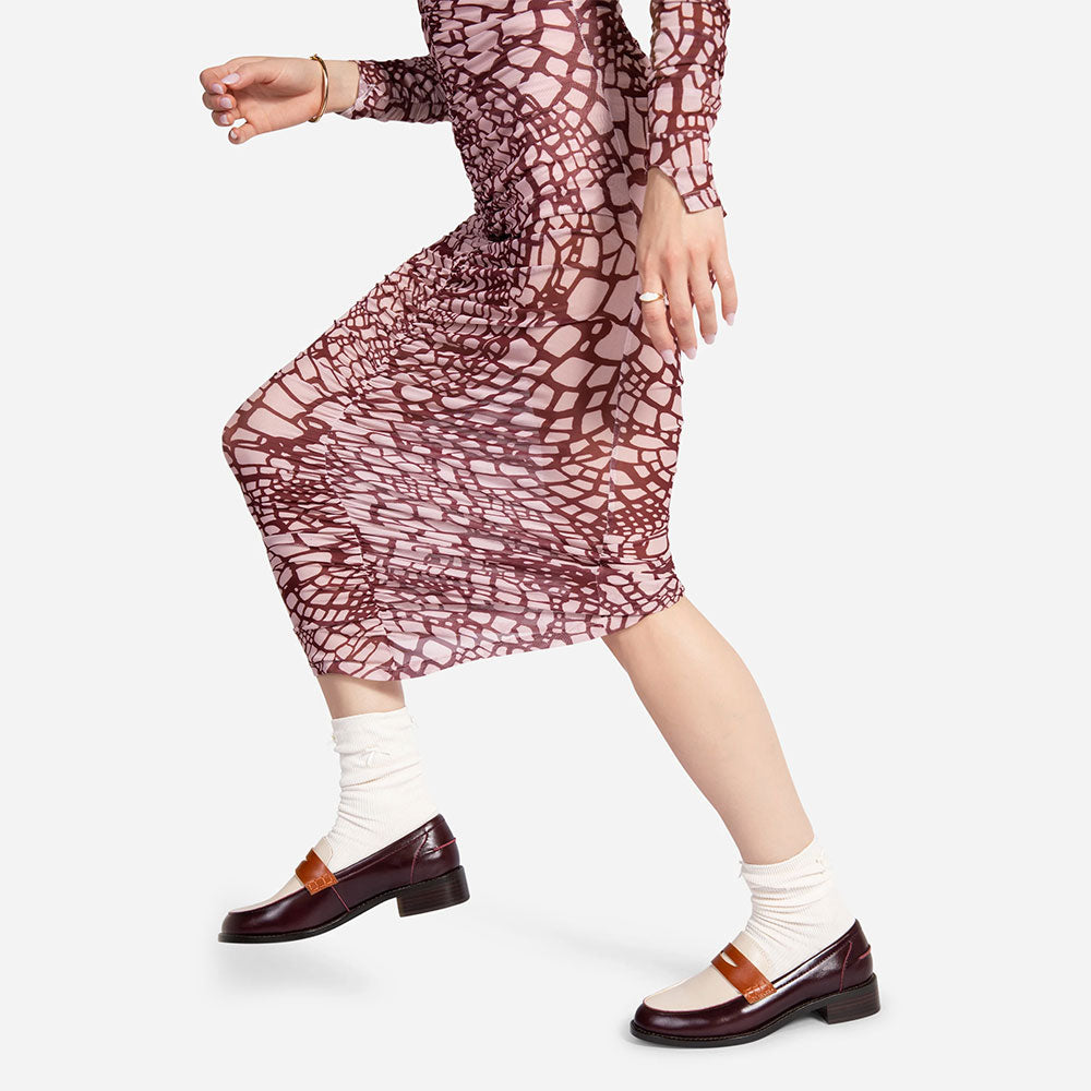 Maroon and Ivory Chunky Heel Slip-On Round Toe Women's Loafers