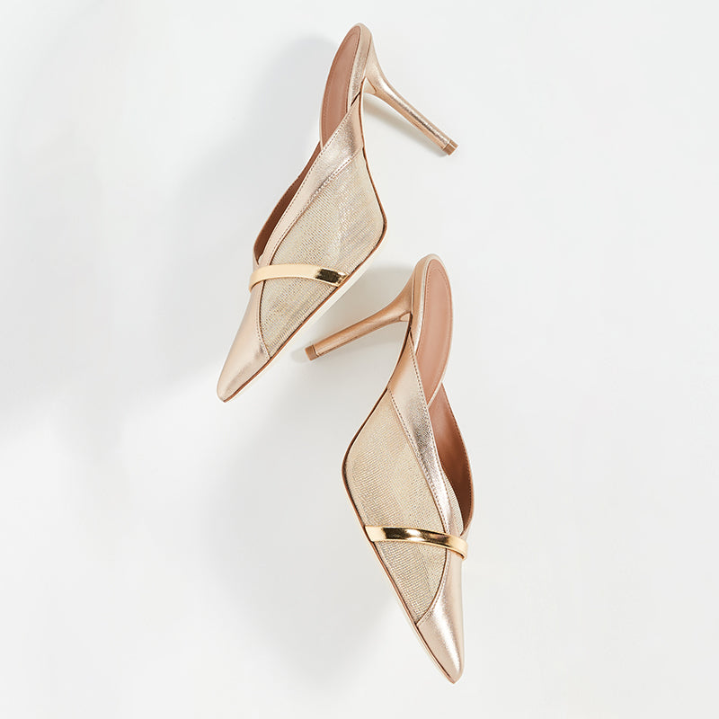 Women's Metallic Champagne Pointed Toe Mesh Mule Heels