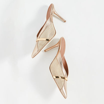 Women's Metallic Champagne Pointed Toe Mesh Mule Heels