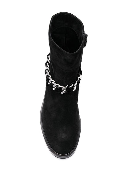 Women's Black Casual Vegan Suede Flats Ankle Boots with Chain
