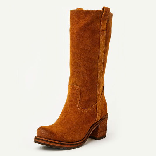 Brown Vegan Suede Round Toe Block Heel Fall Mid Calf Boots