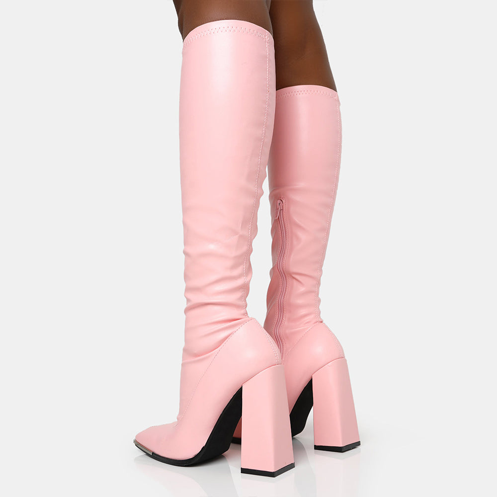 Full Light Pink Square Toe Boots Vegan Leather Chunky Heel Knee High Boots