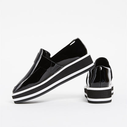 Black Patent Leather Round Toe Platform Loafers for Women