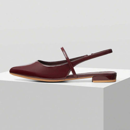 Burgundy Patent Leather Pointed Toe Flats Slingback Shoes for Women