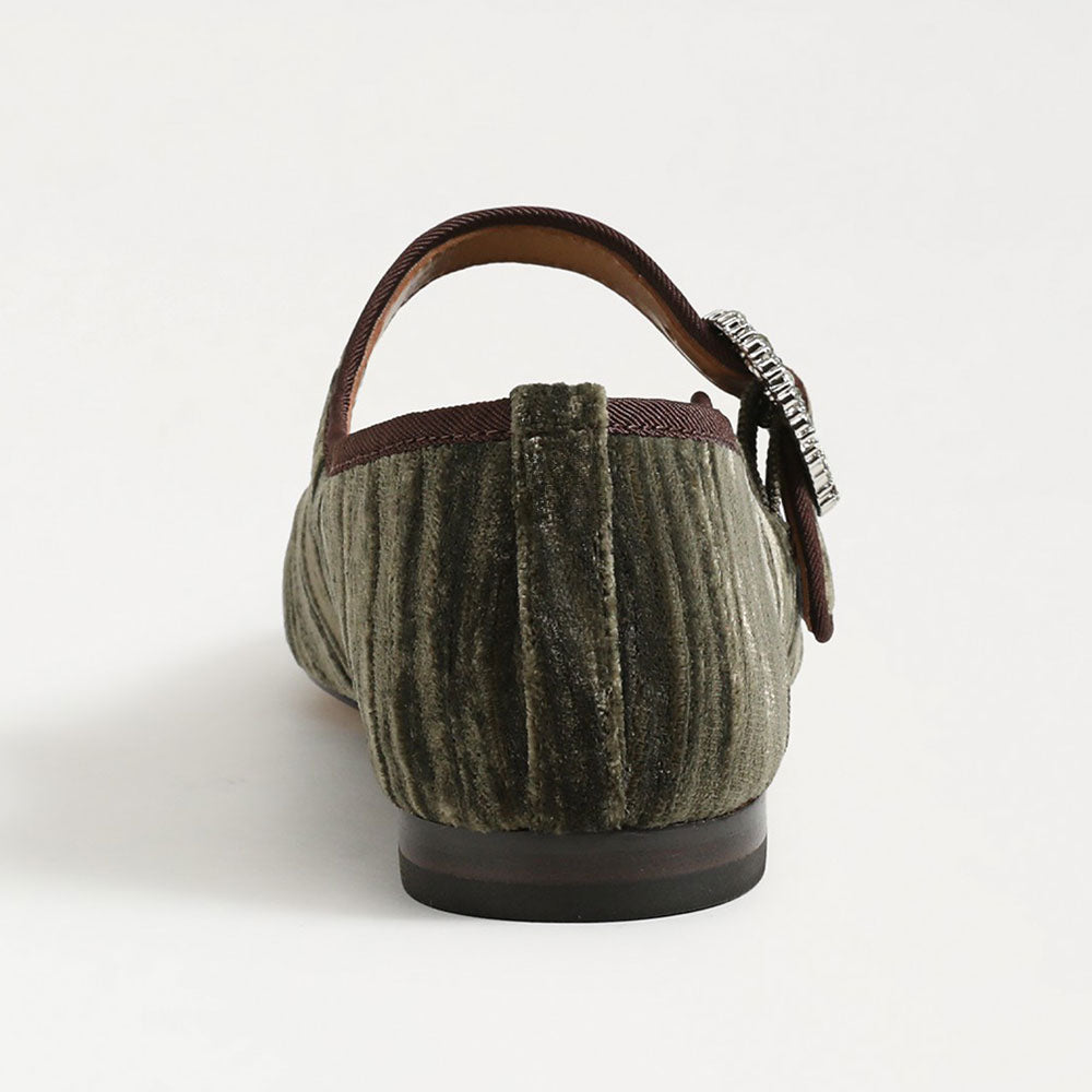 Velvet Square Toe Crystal Buckled Strap Mary Jane Flats in Dark Green