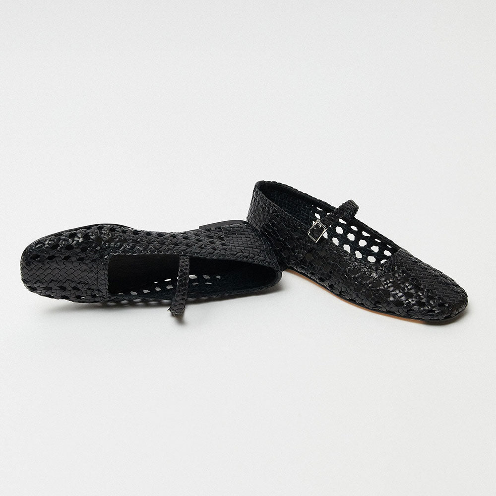 Black Square Toe Woven Detail Buckle Strap Flat Shoes Women