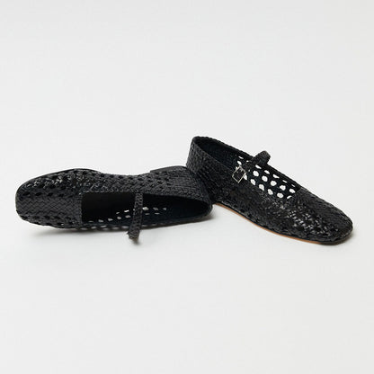 Black Square Toe Woven Detail Buckle Strap Flat Shoes Women