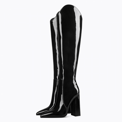 Black Patent Leather Pointed Toe Chunky Heel Fashion Knee High Boots
