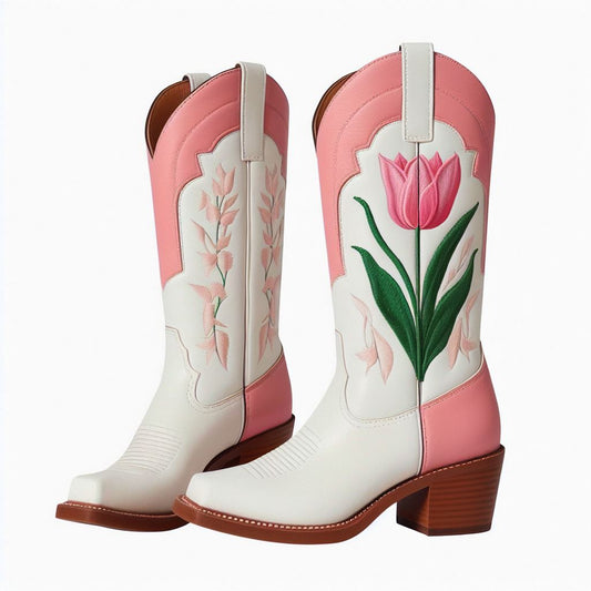 White & Pink Tulips Chunky Heel Mid Calf Western Boots for Women