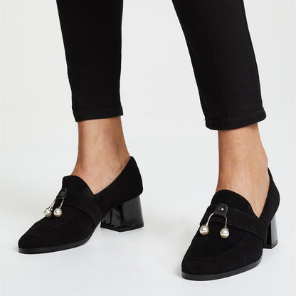 Black Vegan Suede Round Toe Pearl Block Heel Women's Loafers