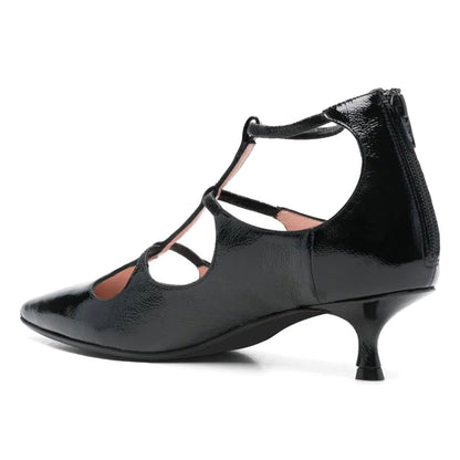 Women's T-Strap Pointed Toe Back Zipper Low Heel Pumps in Black