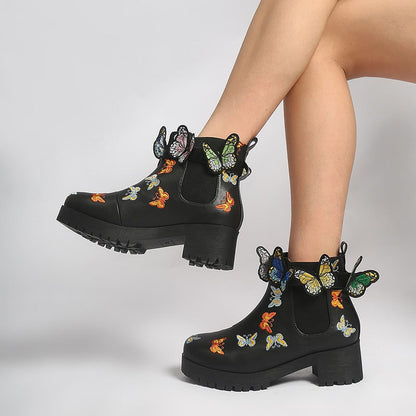 Black Round Toe Butterfly Embroidered Chunky Heel Ankle Boots