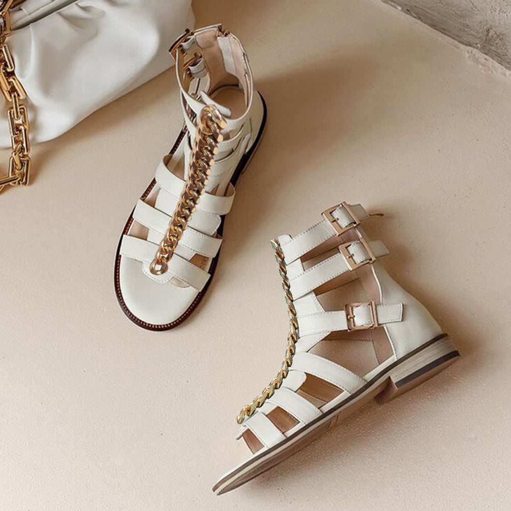 Round Toe  Gladiator Sandals With Chain Buckles Flats Sandals