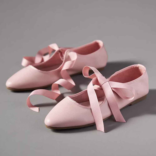 Pink Vegan Leather Ribbon Lace-Up Ballet Flats with Almond Toe