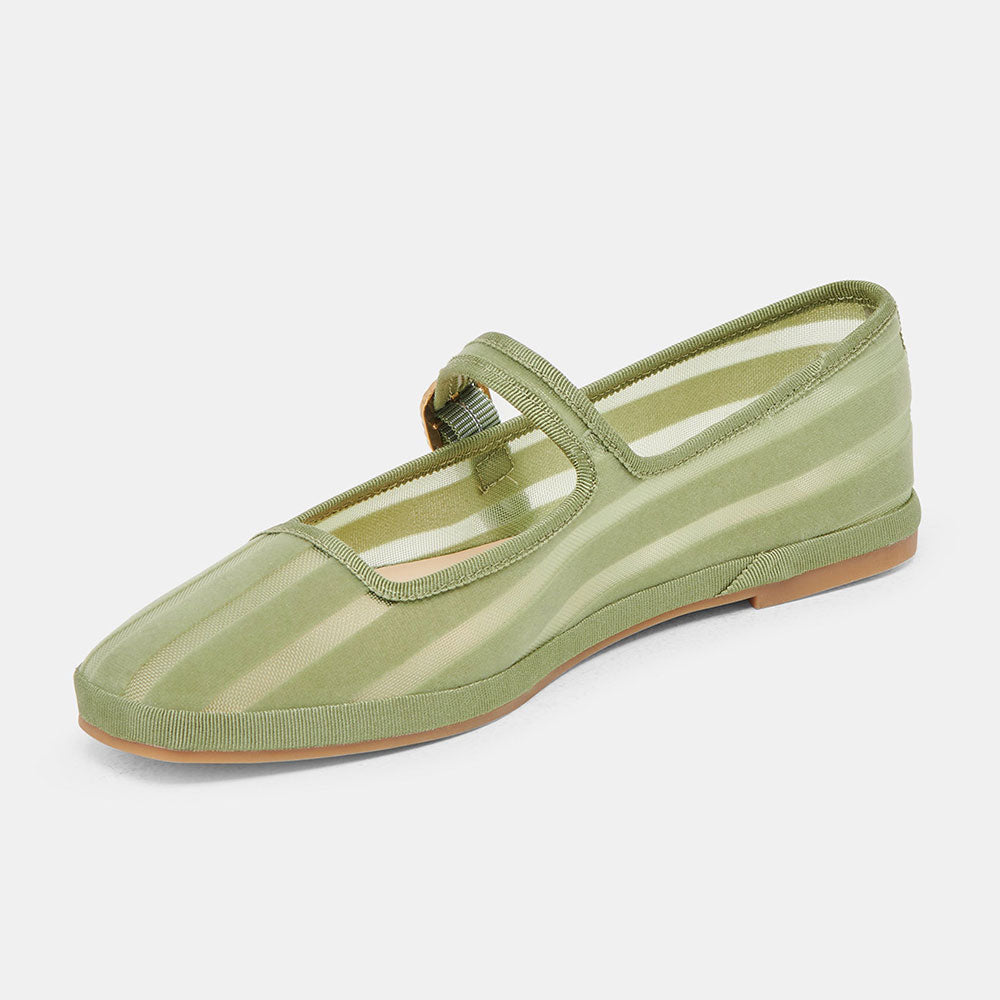 Classic Green Mesh Round Toe Stripes Buckle Strap Flats By FSJ