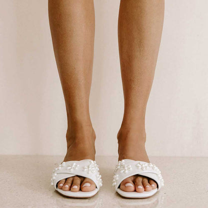 White Satin Square Toe Flat Pearl Inlay Slippers