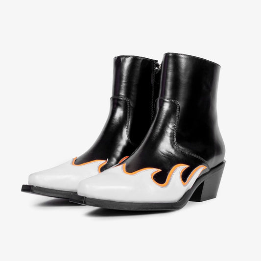 Black and White Block Heel Cowgirl Booties Pointed Toe Ankle Boots