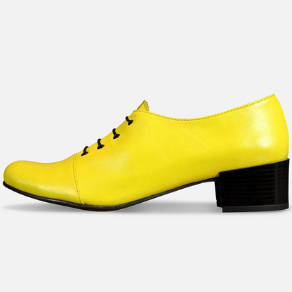 Yellow Vegan Leather Closed Toe Block Heel Lace Up Oxford Shoes