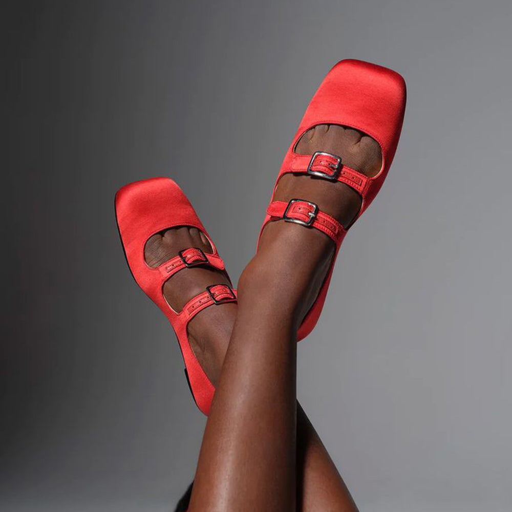 Red Satin Square Toe Buckled Mary Jane Flats for Women