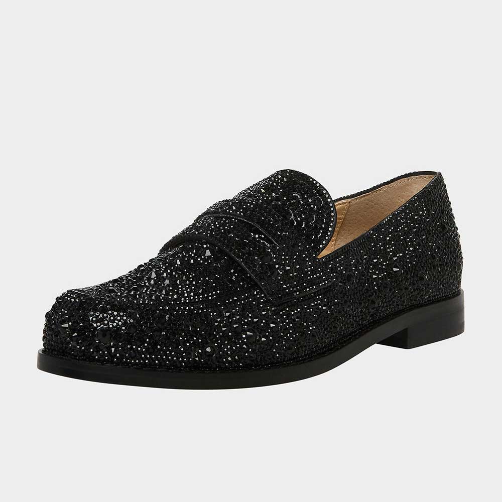 Black Slip-On Round Toe Rhinestone Embellished Women's Loafers