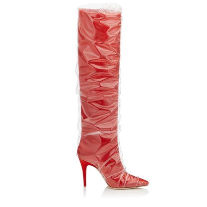 Women's Closed Toe Stiletto Heel PVC-wrapped Knee High Boots in Red