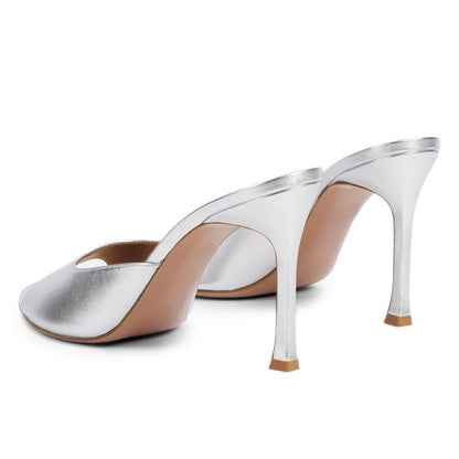 Women's Metallic Silver Open Toe Stiletto High Heeled Mules