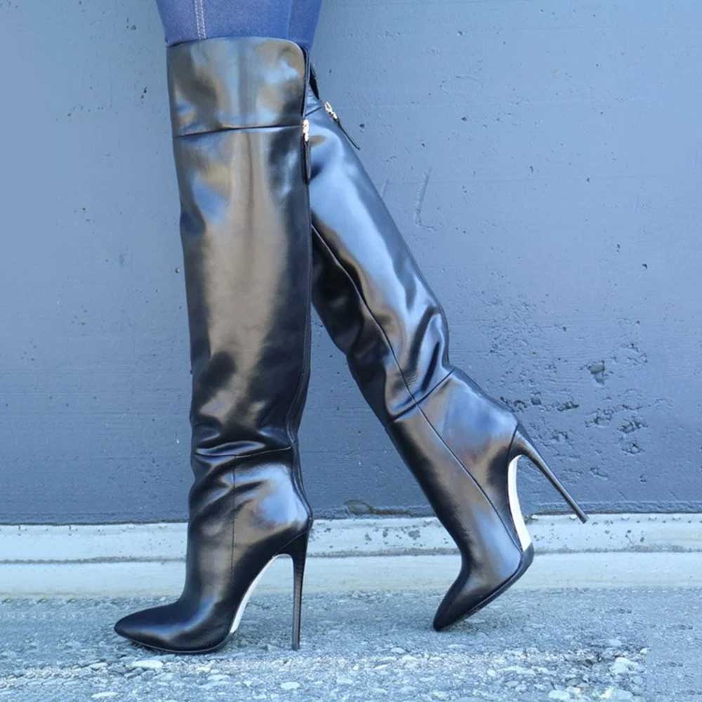 Black Pointed Toe Stiletto Heel Back Zip Up Knee High Boots for Women