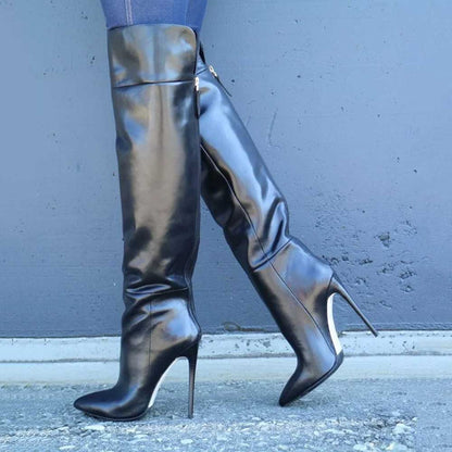 Black Pointed Toe Stiletto Heel Back Zip Up Knee High Boots for Women