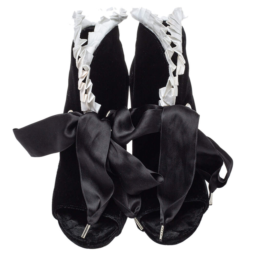 Black Velvet Stiletto Heel Lace Up Open Toe Boots with White Ruffle