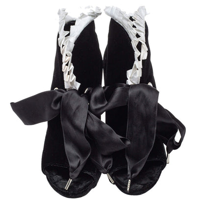 Black Velvet Stiletto Heel Lace Up Open Toe Boots with White Ruffle