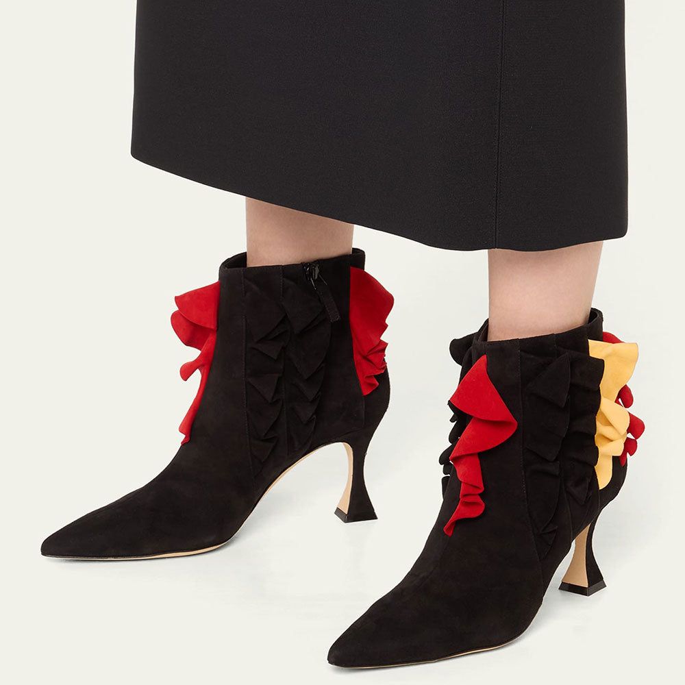 Black & Red Ruffles Design Pointed Toe Ankle Boots with Flared Heel