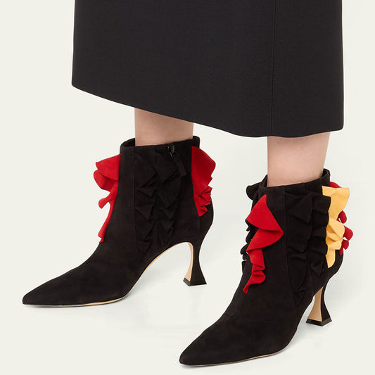 Black & Red Ruffles Design Pointed Toe Ankle Boots with Flared Heel
