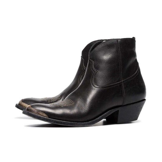 Black Vegan Leather Pointed Toe Chunky Heel Cowgirl Ankle Boots