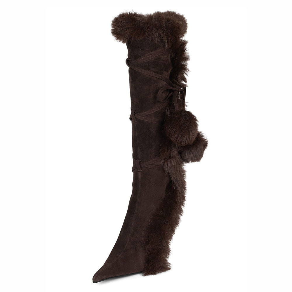 Brown Pointed Toe Faux Fur Detail Wrap-Around Knee High Boots