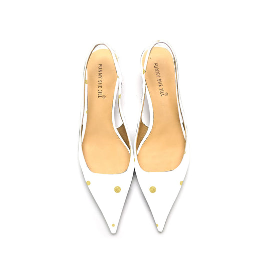 Women's Golden Polka Dots White Bottom Patent Leather Pointed Heel Pumps Toe Elegant Kitten Shoes