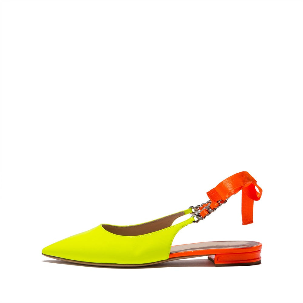 Neon Yellow & Orange Patent Leather Flats Chain Slingback Shoes