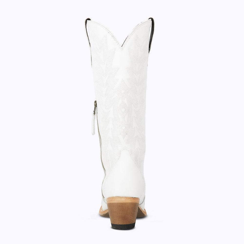 White Snip Toe Chunky Heel Embroidered Knee High Boots with Zipper