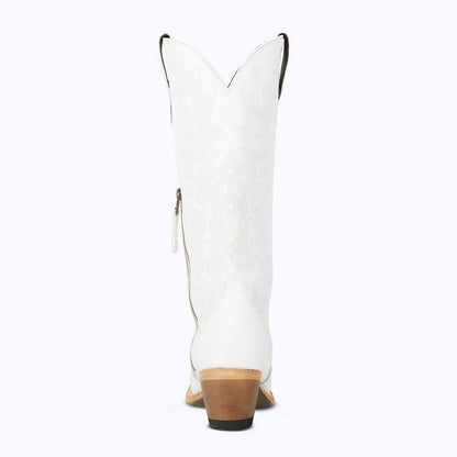 White Snip Toe Chunky Heel Embroidered Knee High Boots with Zipper