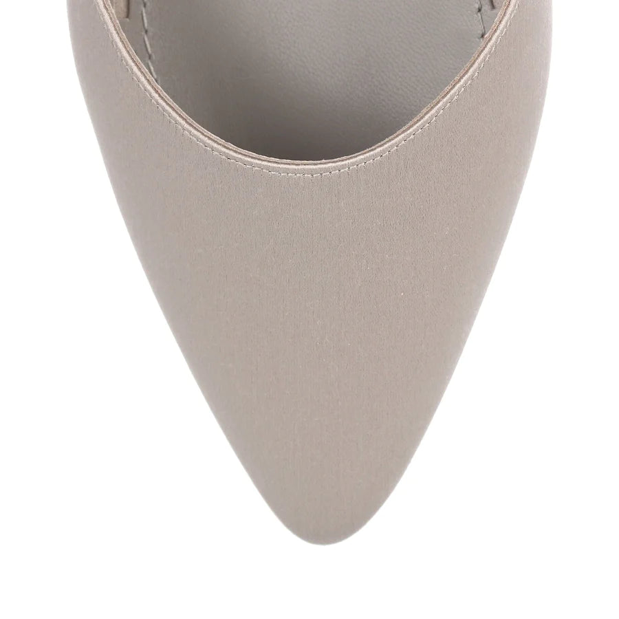 Classy Gray Satin Pointed Toe Ankle Strap Bride Flats with Rhinestone