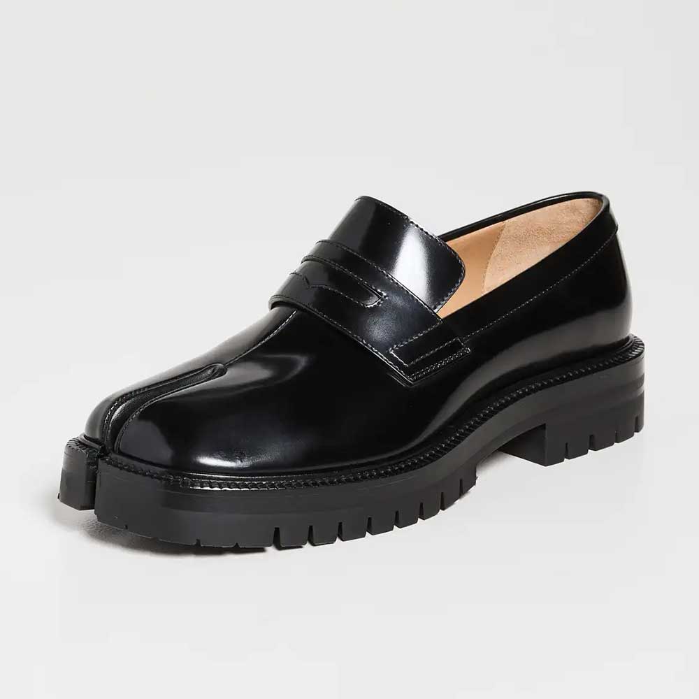 Black Signature Split Toe Vamp Strap Chunky Loafers for Women