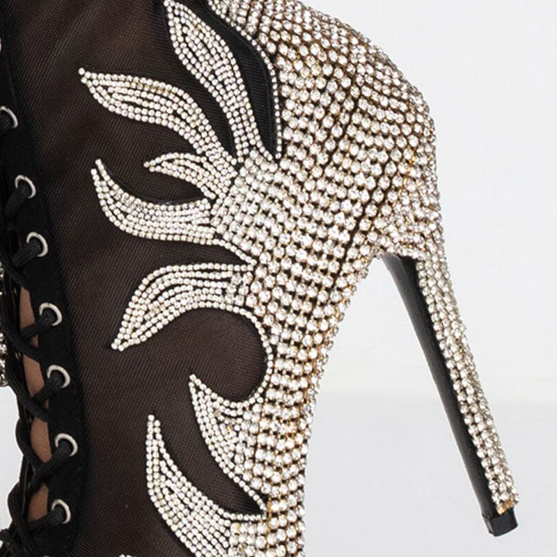 Black Rhinestone Ankle Boots Stiletto Heel Lace-Up Peep Toe Booties