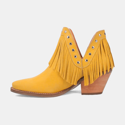 Yellow Fringe Snip Toe Studded Chunky Heel Short Boots for Women