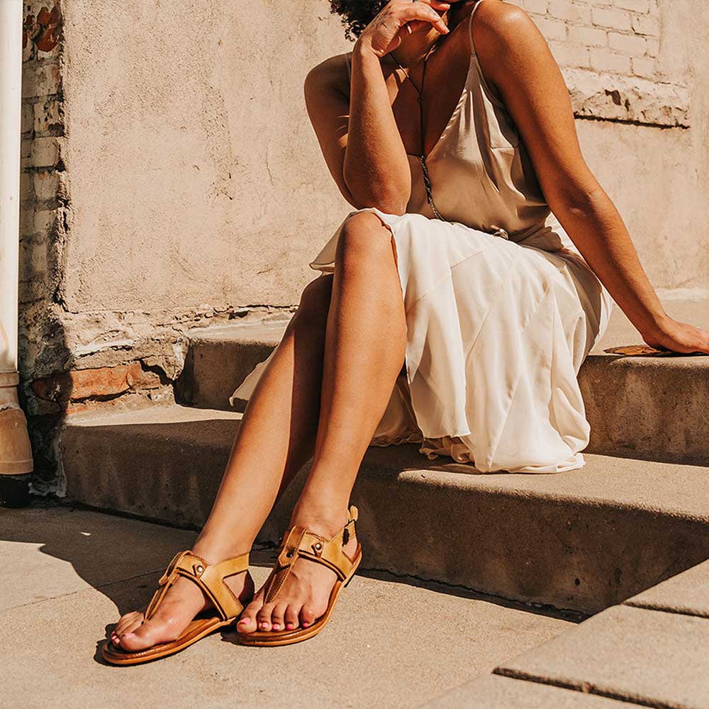 Tan Open Toe Summer Sandals Buckle Strap T-Strap Flat Beach Shoes